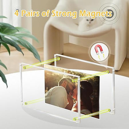 4x6 Magnetic Acrylic Picture Frame with Base, Both Horizontal Vertical or Slant Back Display, Double Sided Clear Photo Frame, Frameless Lucite Frames