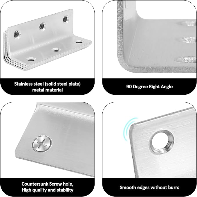 L Bracket, Heavy Duty Corner Brace, 4 Pack 3.2" Metal Shelf Bracket Angle Bracket for Shelves, Polished Silver Stainless Steel Braces for Wood Furniture