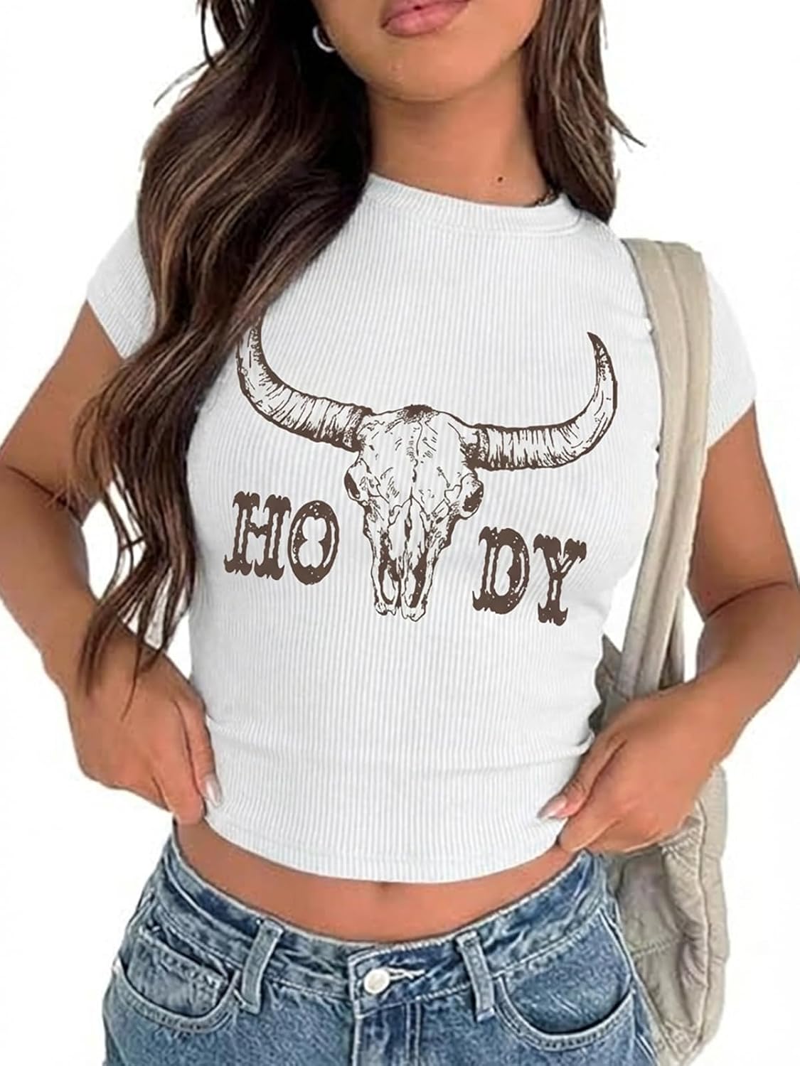 Tewmeu Country Concert Outfits for Women Cropped Y2k Clothes for Teen Girl Western Rodeo Cowgirl Outfits For Women,Cowboy Howdy Graphic Tee Tops