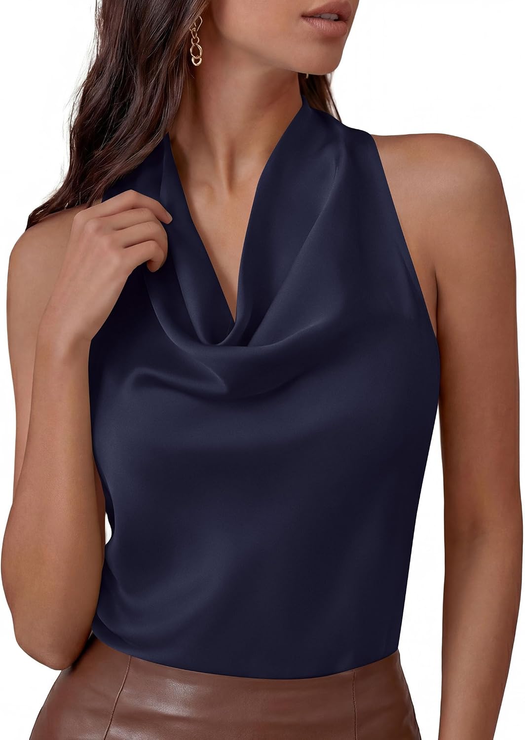 PRETTYGARDEN Silk Satin Halter Tops for Women Summer 2026 Cowl Neck Tie Back Going Out Sleeveless Business Casual Tank Top.