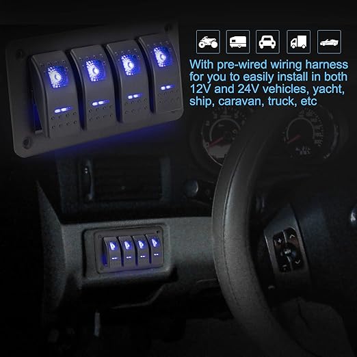 BUNKER INDUST 4 Gang Rocker Switch Aluminum Panel with Blue LED Light Waterproof 5 Pin On Off Toggle Switches for 12V24V Marine Boat RV Truck Car ATVs