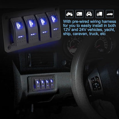 BUNKER INDUST 4 Gang Rocker Switch Aluminum Panel with Blue LED Light Waterproof 5 Pin On Off Toggle Switches for 12V24V Marine Boat RV Truck Car ATVs