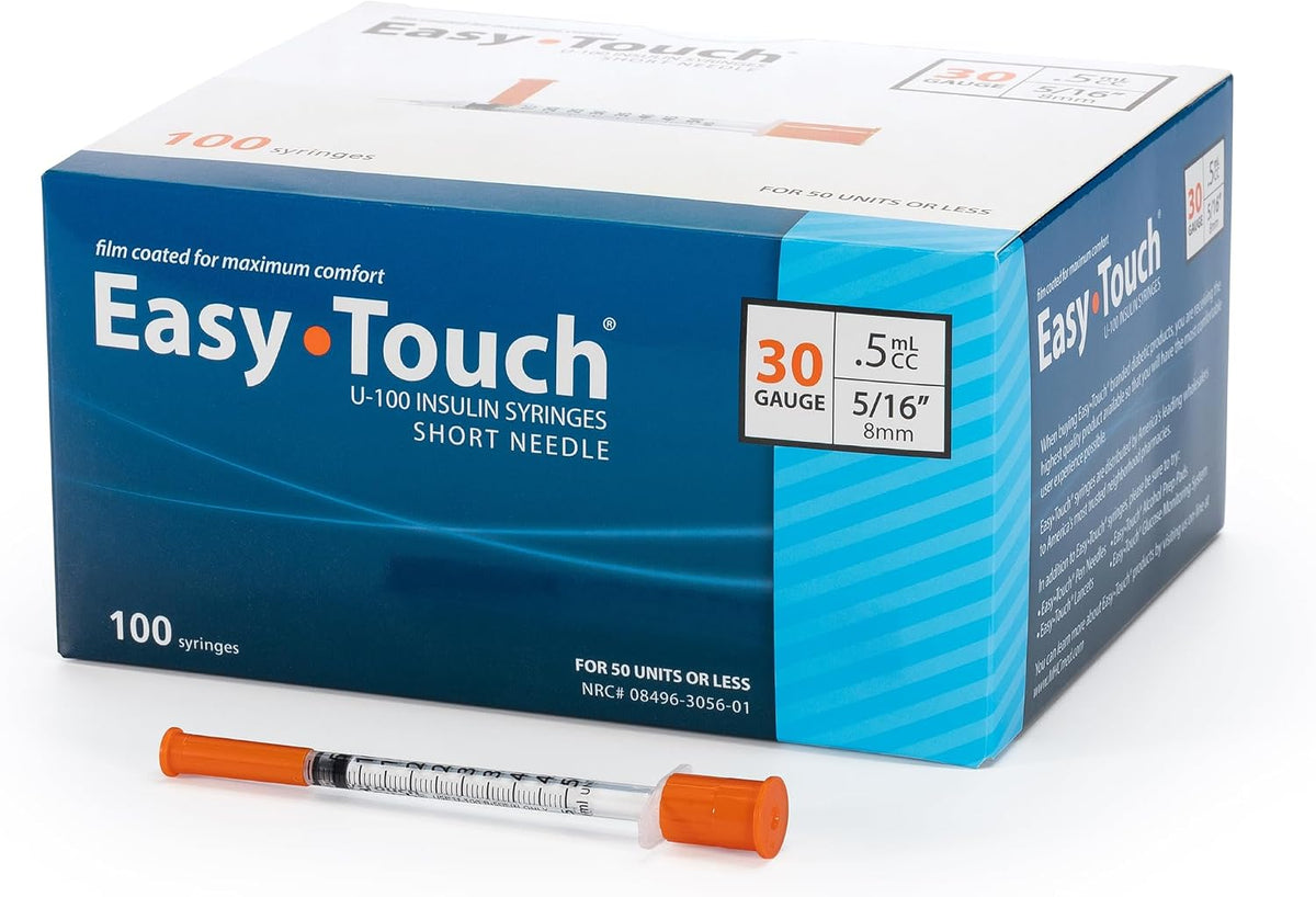 Easy Touch 30 Gauge U-100 Insulin Syringes (30G 0.5cc 5/16”) with 5/16” Short Needle, 0.5cc (50 Unit Capacity), Bold Markings for Accurate Dosing, Disposable, Box of 100( box damage)