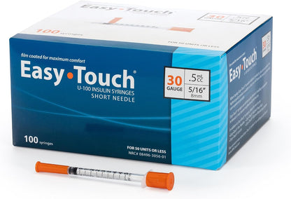 Easy Touch 30 Gauge U-100 Insulin Syringes (30G 0.5cc 5/16”) with 5/16” Short Needle, 0.5cc (50 Unit Capacity), Bold Markings for Accurate Dosing, Disposable, Box of 100( box damage)
