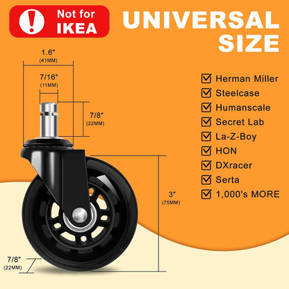 3PC Office Chair Wheels for Casters Replacement - 3" Rubber Wheels for Computer Gaming Desk Caster Smooth & Safe Rolling for All Floors Including Hardwood and Carpet - Set of 3 - Black