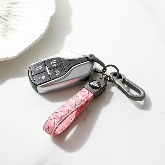 Carabiner Keychain, Universal Heavy Duty Woven Handmade Leather Key Chain, Car Fob Key Keychains with 360 Degree Rotatable Snap Swivel and Anti-Lost D-Ring for Men and Women, Gunmetal - Pink