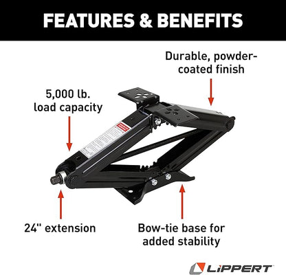 Lippert Manual RV Scissor Jack Kit, 5,000 lbs. 24" Extended, 4-1/4" Retracted, Universal Bolt-on or Weld-on for Travel Trailer, 5th Wheel, Stable Bow-Tie Base, Crank Handle Sold Separately - 285325