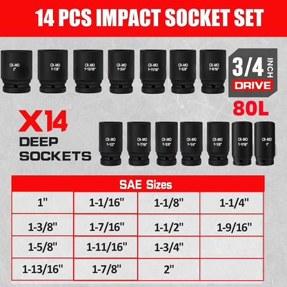 3/4 Inch Drive Deep Impact Socket Set,6-Point,SAE Sizes(1У-2Ф),14 PCS,Cr-Mo Steel,Heavy Duty Impact Sockets for Automotive & Industrial Machinery,With a Storage Case (1-3/4" and 1-1/4" sockets missing)
