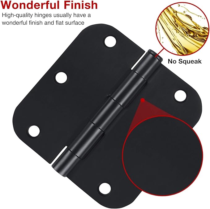 Rounded Door Hinges 3-1/2" x 3.5 inch, 5/8 Radius, Matte Black 12 Pack