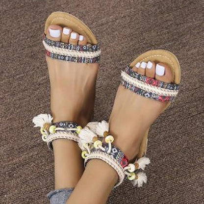 Sandals Women 2023 Summer Fashion Bohemian Beads Fringe Tassel Back Zip Dressy Shoes Ethnic Style Print Vintage Casual Outdoor Ladies Shoes