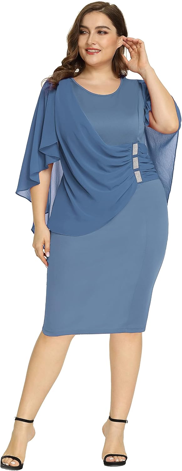 Size 22W In Red Wine Color, Hanna Nikole Women's Plus Size Chiffon Ruffle Flattering Cape Sleeve Bodycon Pencil Dress