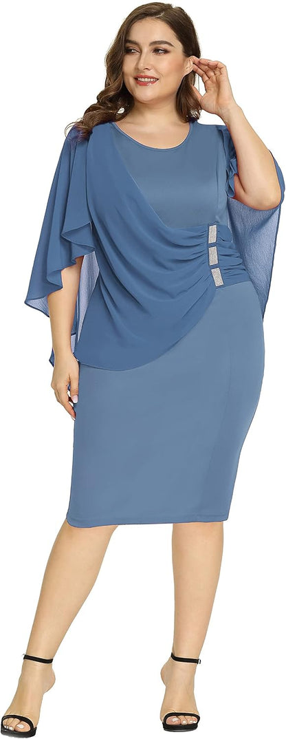 Size 22W In Red Wine Color, Hanna Nikole Women's Plus Size Chiffon Ruffle Flattering Cape Sleeve Bodycon Pencil Dress