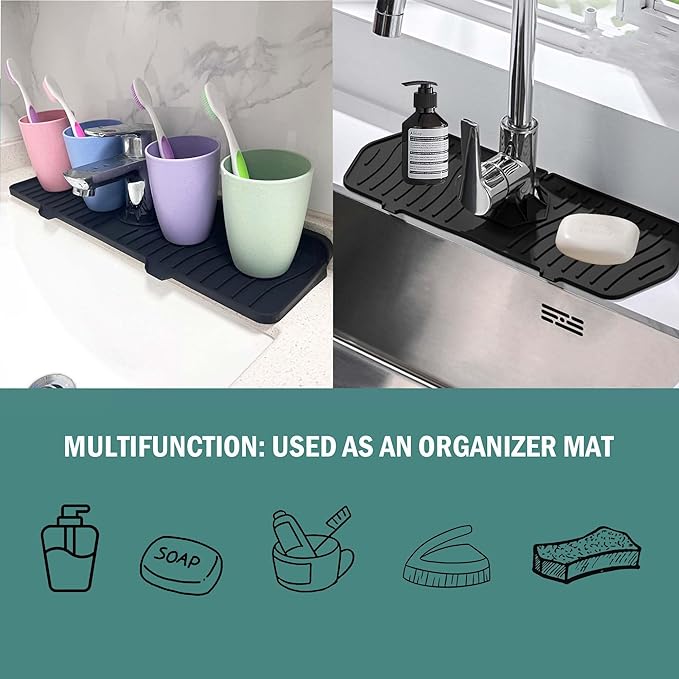 Kitchen Sink Splash Guard,Sink Protectors for Kitchen Sink,Sink Mat,Sponge Holder,Silicone Faucet Handle Drip Catcher Tray for Kitchen Bathroom Sink Accessories(Black,13.7Aux 5.8Au)