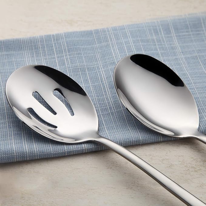 AOOSY 2 Pieces Stainless Steel Flatware Serving Sets, 8.7-Inch Long Handle Slotted Spoons and Serving Spoons for Buffet, Banquet, Cooking, and Kitchen