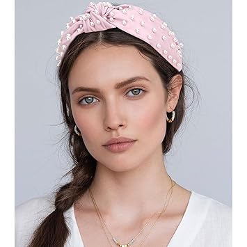 YISSION 1PC Pearl Knotted Headband for Women Non Slip Beaded Headband Wide Leather Headbands for women Jeweled Embellished Hairband Pink Head Band Hair Accessories for Women Girls