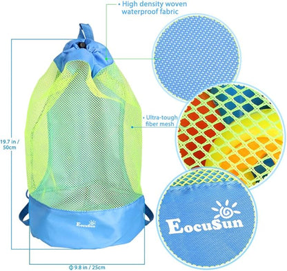 EocuSun Large Mesh Beach Bag Tote Durable Sand Away Drawstring Beach Backpack Swim and Pool Toys Balls Storage Bags Packs, Stay Away from Sand and Water, Toy Not Included