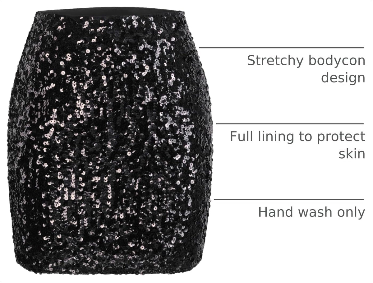 Stretchy, bodycon sequin skirt from MANER, perfect for parties, dates, and nights out, with flattering, comfortable fit.