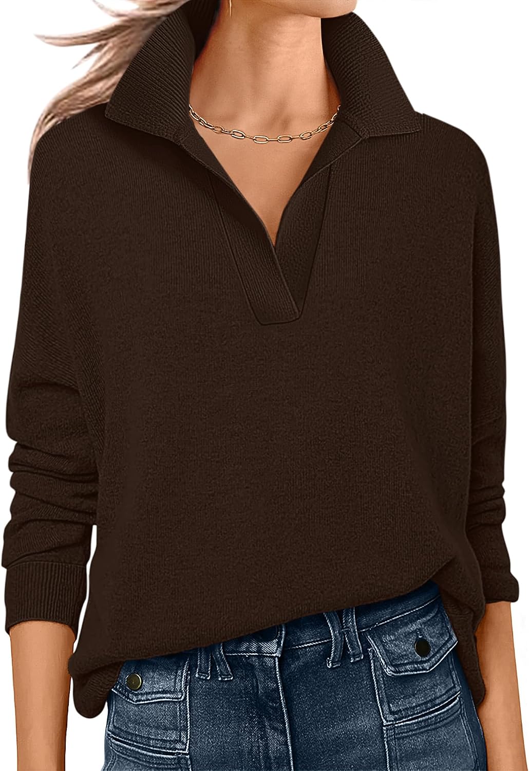 ANRABESS Womens Polo V Neck Long Sleeve Sweaters Lightweight Dressy Casual Business Basic Knit Pullover Top 2025 Fall Outfits