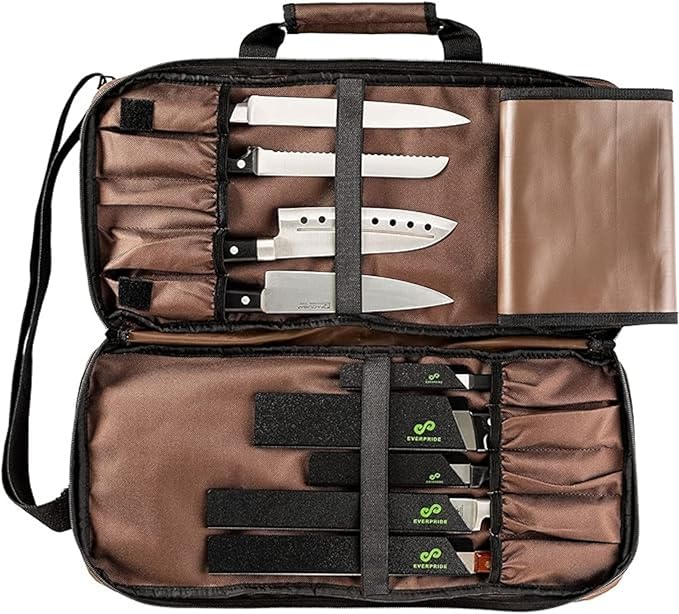 EVERPRIDE Chef Knife Bag Holds 20 Knives PLUS Large Zippered Compartment for Kitchen Tools Durable, Large Knife Bag for Chefs Professional Grade and makes a great gift!