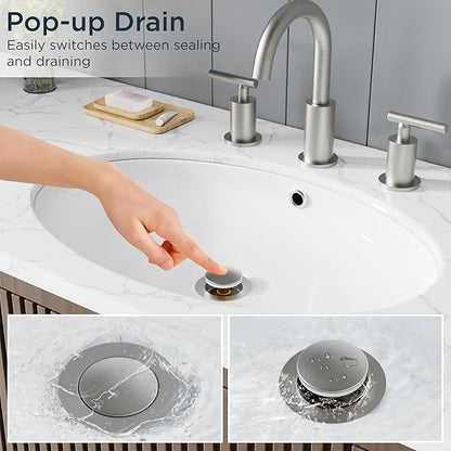 FORIOUS Bathroom Sink Drain with Overflow, Pop Up Drain Assembly with Detachable Basket Stopper, Anti-Explosion and Anti-Clogging Drain Strainer, 304 Stainless Steel, Brushed Nickel