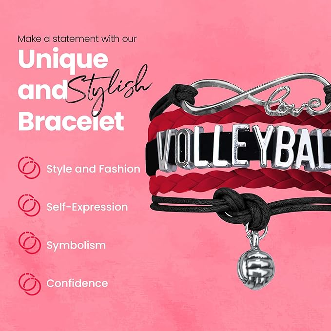 Volleyball Bracelets For Girls- Ideal Volleyball Gifts & Souvenirs. Adjustable Charm Bracelet with Moveable Letters, Infinity Symbol & Silver Volleyball Charm. Fashionable Bracelets by SportyBella.