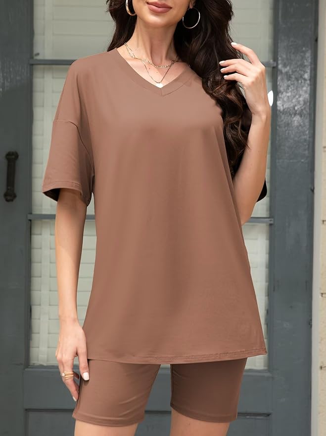 Women's 2 Piece Lounge Sets Summer V Neck Oversized Short Sleeve Tshirts Biker Shorts Matching Travel Outfits