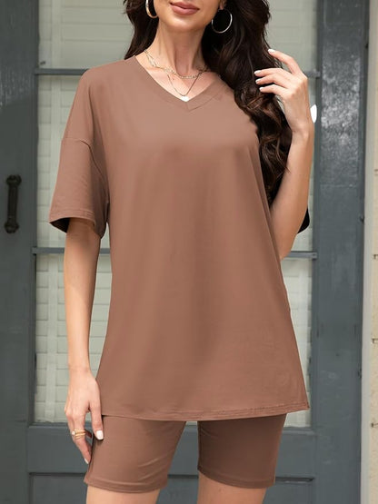 Women's 2 Piece Lounge Sets Summer V Neck Oversized Short Sleeve Tshirts Biker Shorts Matching Travel Outfits