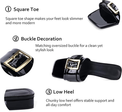 Women's Slide Heeled Sandals Opened Square Toe Chunky Block Heel Slippers with Buckle Slip on Casual Comfortable Pumps