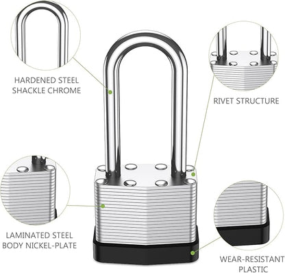 KeeKit Padlock with Key, 40mm Heavy Duty Lock with 53mm Long Shackle, Waterproof Gate Solid Brass Lock for Gym Locker, Garage, Fence, Shed, Yard, Outdoor, Indoor, 2 Pack
