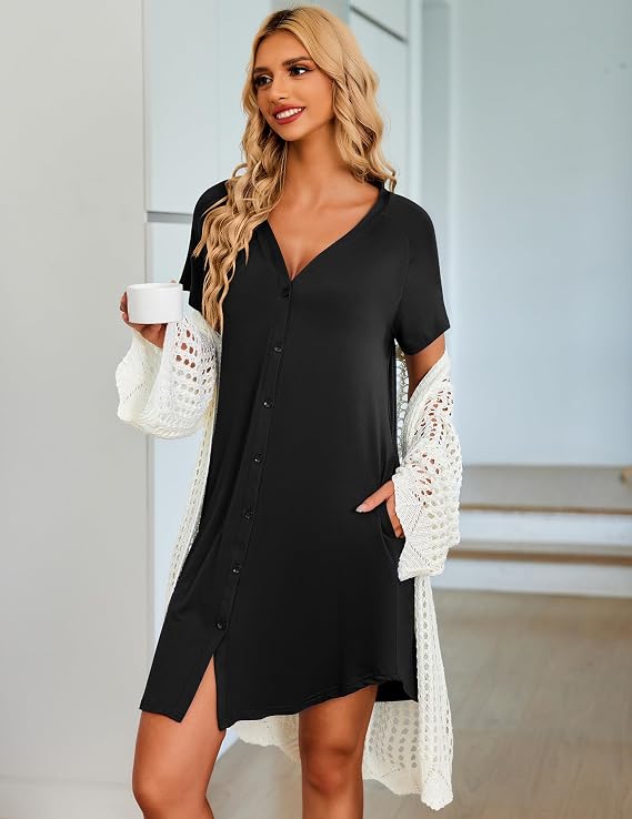 Ekouaer Women's Button Down Nightgown Short Sleeve Sleepshirt V Neck Night Shirt Soft Pajamas Dress with Pockets