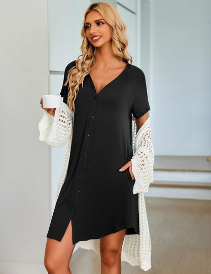 Ekouaer Women's Button Down Nightgown Short Sleeve Sleepshirt V Neck Night Shirt Soft Pajamas Dress with Pockets