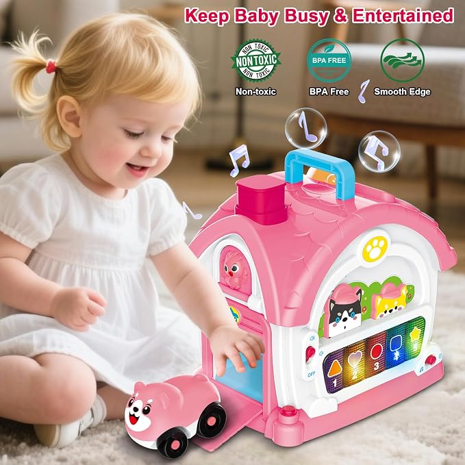 Montessori Toy for 1 Year Old Girl Gifts, Bilingual Musical Learning House | Educational Toddler Toy with Play Phone, Mirror, Piano and Activities for Interactive Play, One Year Old Girl Birthday Gifts