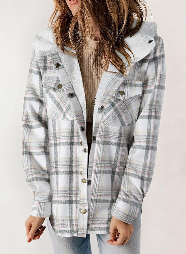 Dokotoo Womens Plaid Shacket Jacket Long Sleeve Button Down Fleece Hooded Jackets Warm Coat