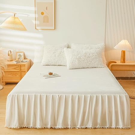 Fluffy Beige Faux Fur Comforter Cover Queen Set,Fluffy Fuzzy Plush Cream Bedding 4Pcs (1 Faux Fur Duvet Cover 2 Fuzzy Pillowcases1velvet Bed Skirt) Beige Fluffy Bed Set(Beige, Queen)