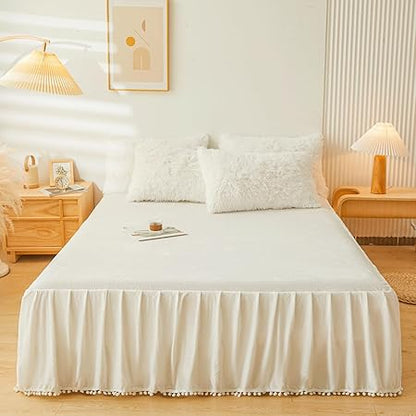Fluffy Beige Faux Fur Comforter Cover Queen Set,Fluffy Fuzzy Plush Cream Bedding 4Pcs (1 Faux Fur Duvet Cover 2 Fuzzy Pillowcases1velvet Bed Skirt) Beige Fluffy Bed Set(Beige, Queen)