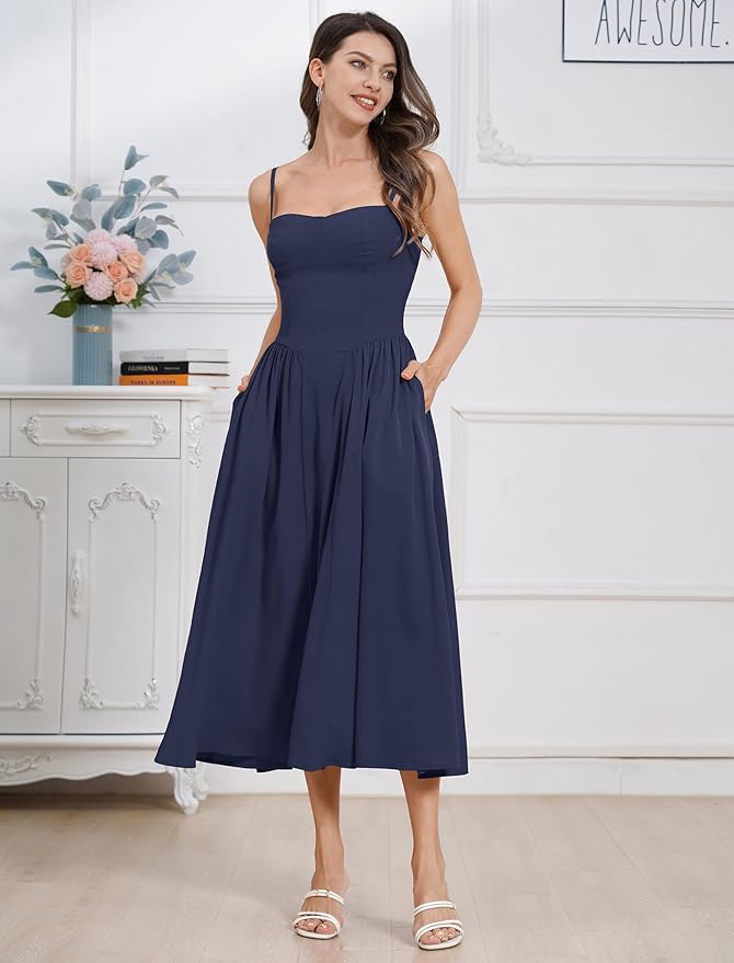 Women Floral Corset Dress Boho Spaghetti Strap Lace Up Casual Midi Dresses with Pockets Low Cut Flowy Bustier Sundress