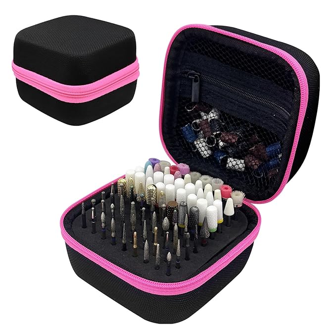 81 Holes Nail Drill Bit Holder, (ONLY CASE) Nail Bits Display Organizer Container, Dustproof Portable Organizer Storage Bag, Efile Nail Bits Professional Manicure Tools, for Manicure Tools (Pink)