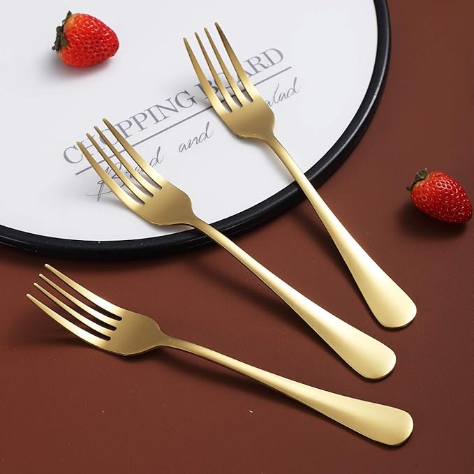 Gold Dinner Forks of 4, Berglander 7.9" Stainless Steel Titanium Shiny Gold Plating Fork Set, Forks And Spoons Silverware, Golden Table Forks Set Sturdy And Dishwasher Safe