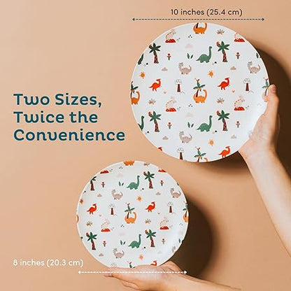 Nook Theory 4 Pack Reusable Bamboo Plates - Non-Toxic Toddler and Kids Plate, Dishwasher Safe, Not Microwavable Dinnerware (Dino 10")
