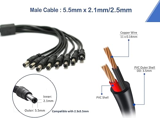 8 Way DC Power Supply Splitter for Security Cameras 1 Female to 8 Male 5.5  2.1mm 8 Channel Y Adaptor for CCTV Surveillance Cameras (1)