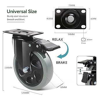 5 Inch Caster Wheels, Casters Set of 4 Heavy Duty, BZOLIHEU Locking Casters, Silent Top Plate Swivel Caster with Brake, Grey Polyurethane Castor Wheels for Furniture and Workbench Cart