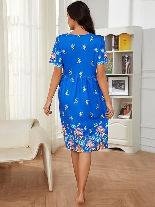 Womens House Dress Floral Print Nightgown with Pockets Mumu Dress S-3XL