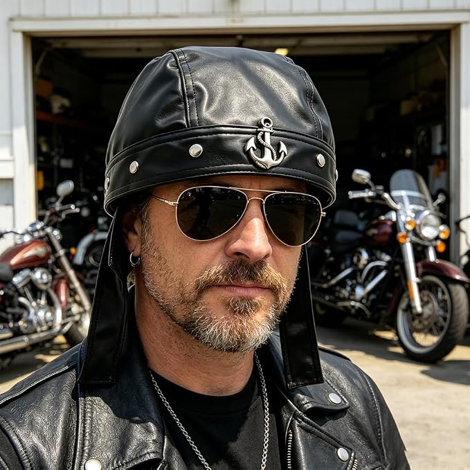 Biker Cap for Women Punk Motorcycle Skull Cap Adjustable Stylish Doo Rag Headwrap for Riding Outdoor Activities