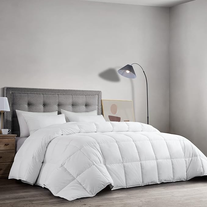 HOMBYS Feather and Down Comforter, Oversized King Comforter 120 x 128, White Extra Large Duvet Insert for All Season, 100 Cotton Cover Down Proof with Corner Tabs