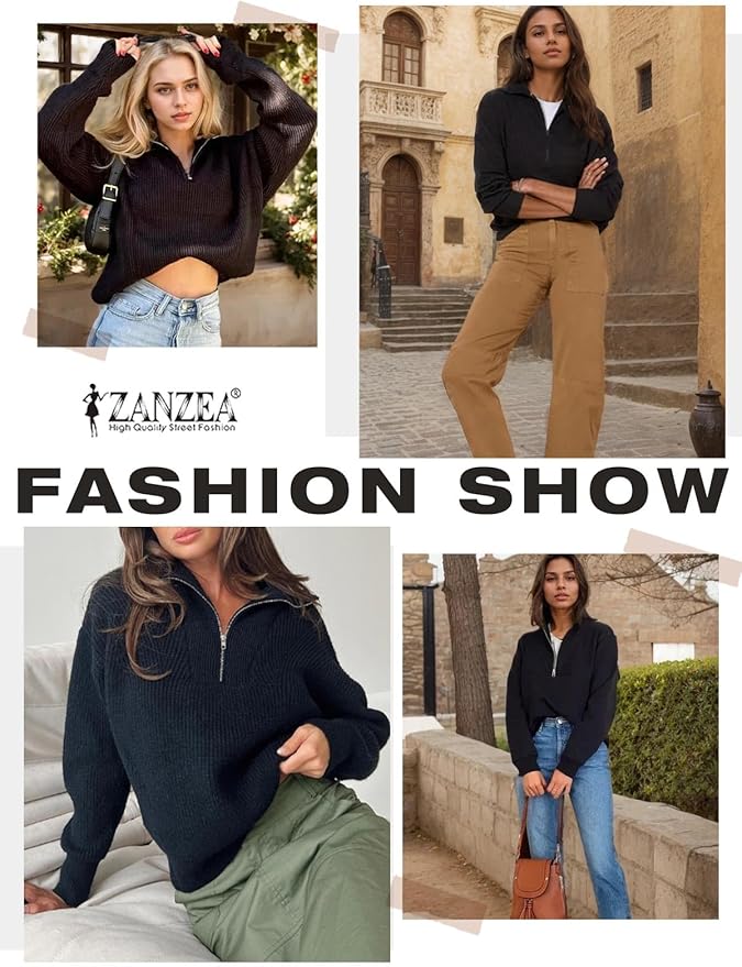 ZANZEA Quarter Zip Pullover Women Long Sleeve Knit Sweater V Neck Fall Tops Fashion Clothes 2024