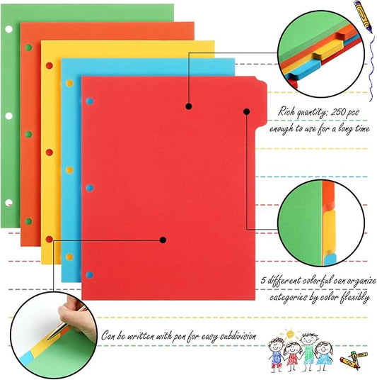 Harloon 250 Dividers Blank Writing on Binder Dividers 3 Hole Punch Dividers 1/5 Cut Tabs Heavyweight Letter Size Ring Binder Dividers 50 Sets for Project Class Presentation (Colorful)