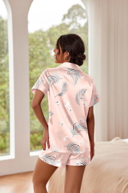 Ekouaer Women's Satin Short Sleeve Button-Down Pajama Set with Pants