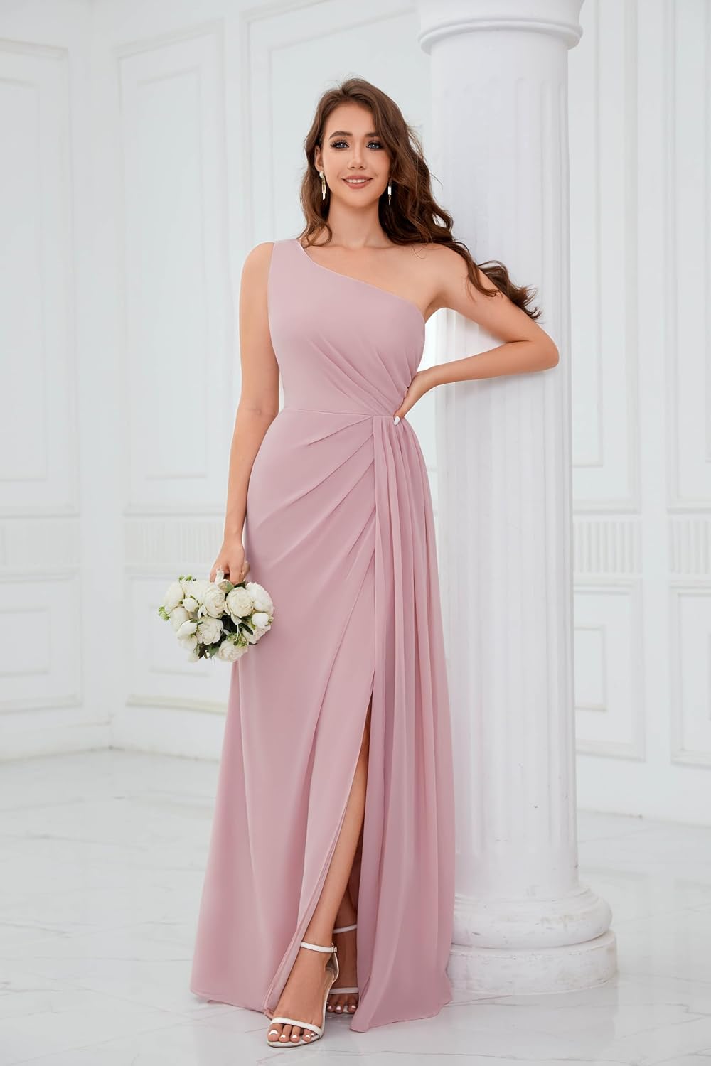 Bolodoo One Shoulder Bridesmaid Dresses for Women Ruched Chiffon A Line Evening Formal Gown with Slit .
