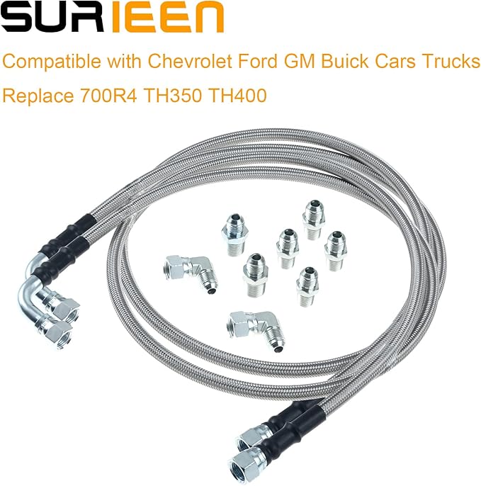 6AN 52" Transmission Fluid Oil Cooler Hose Line kit, Compatible with GM Chevy Ford GMC Buick Cadillac Cars and Trucks Stainless Steel Braided PTFE Hose Transmission Cooling Lines