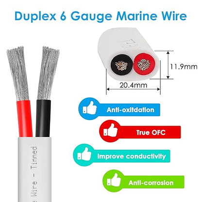 6 Gauge Duplex Marine Wire Tinned Copper Boat Cable, 20ft 6 AWG Standard USA OFC Oxygen Free Copper Wire for Automotive Boat Speakers Solar Outdoors